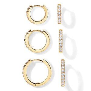 Gold Hoop Earrings Set Huggie Cubic Zirconia 14K Gold Plated 3 Pairs Hypoallerge